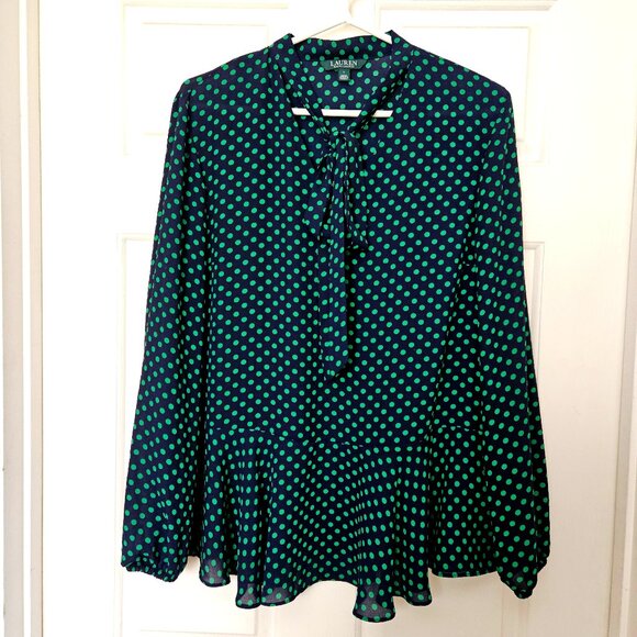 Lauren Ralph Lauren tie neck long sleeve peplum top, green polka dot, sz large - Picture 1 of 15
